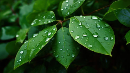 Water drops on the leaves of a tree. close-up.の素材