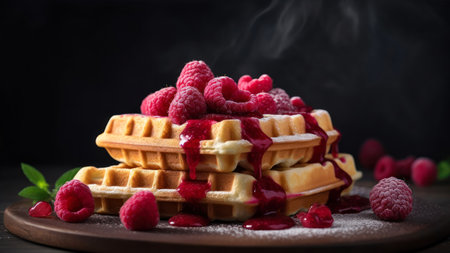 Belgian waffles with raspberries and jam on black backgroundの素材