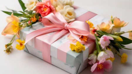 Gift box with ribbon and flowers on white background, closeupの素材