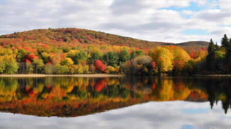Autumn forest reflected in a lake, New England, USA.の素材