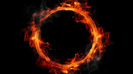 Burning circle of fire on a black background. abstract background.の素材