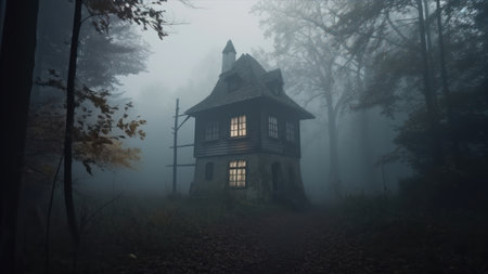 Old wooden house in a foggy forest. Horror Halloween concept.の素材