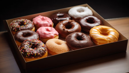 Box of assorted donuts on a wooden table. Toned.の素材