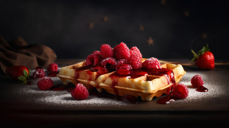 Belgian waffles with raspberries and jam on dark backgroundの素材