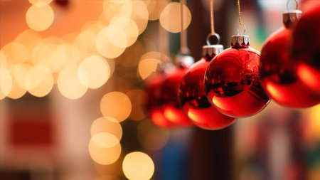 christmas decoration - red christmas baubles on blurred lights backgroundの素材
