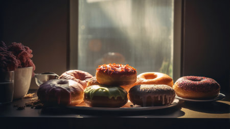 various types of donuts on the table in front of the windowの素材