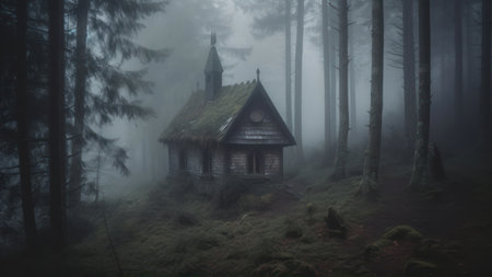 Mysterious wooden church in a foggy forest. 3d renderingの素材