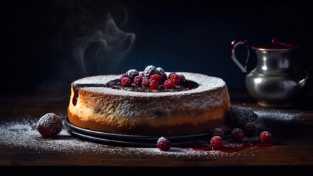 Homemade cheesecake with berries and icing sugar on a dark backgroundの素材