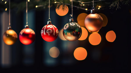 Christmas and New Year background with Christmas tree decorations and lights bokehの素材