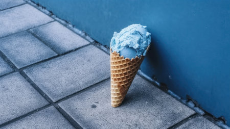 ice cream cone on the stone floor with blue wall in the backgroundの素材