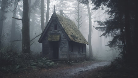 Old house in the woods in a foggy misty day.の素材