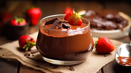 Chocolate mousse with strawberries in a glass on a wooden backgroundの素材