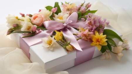 Gift box with flowers on a white background, close-upの素材