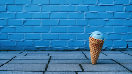 Blue ice cream in waffle cone on brick wall background with copy spaceの素材