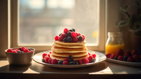 A stack of pancakes with raspberries and blueberries on a plate.の素材
