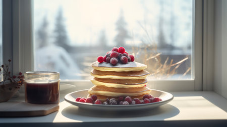 A stack of pancakes with berries on a white plate on the windowsillの素材