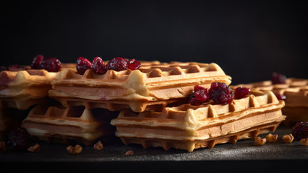 Homemade belgian waffles with raspberries on black backgroundの素材
