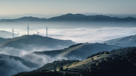 Landscape with wind turbines on the hills in the morning fog.の素材