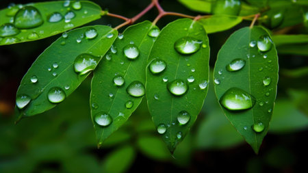 Water drops on green leaves. nature background. Shallow DOFの素材