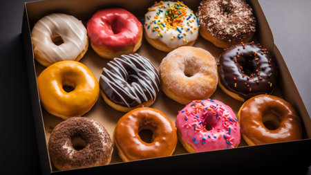 Donuts in a box on a black background, close-upの素材