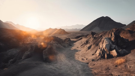 Volcanic landscape in the mountains. 3d render illustration.の素材