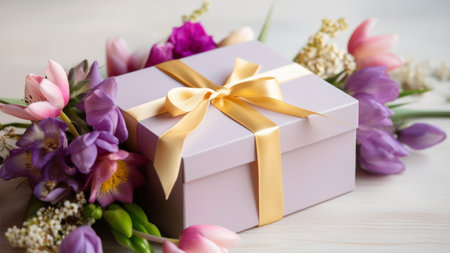 Beautiful bouquet of tulips and gift box on wooden backgroundの素材