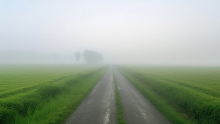 Panoramic view of a country road through a green meadow in a fog.の素材