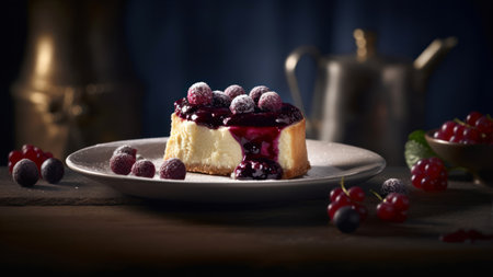 Cheesecake with berry sauce on wooden background. selective focus.の素材