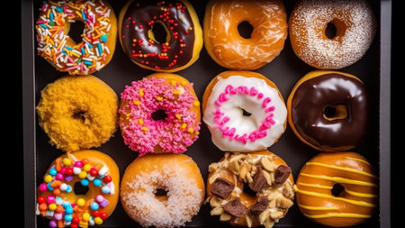 assorted donuts with chocolate frosted, pink glazed and sprinkles donuts.の素材