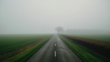 Panoramic view of the road through the fields in the fogの素材