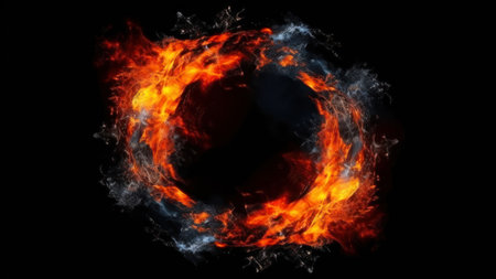 Burning circle of fire on a black background. 3d renderingの素材