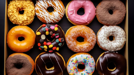 Variety of donuts in a box on a black background.の素材