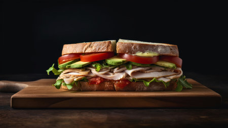 Sandwich with ham, cheese and vegetables on wooden board over black backgroundの素材