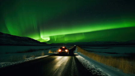 Aurora borealis, northern lights over road in winter.の素材