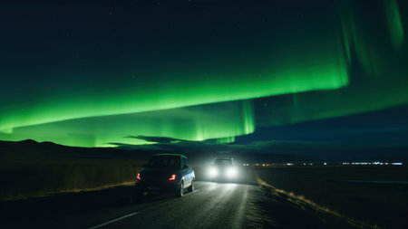 Aurora borealis, northern lights on the road in Icelandの素材