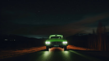Old car on the road at night with a beautiful starry skyの素材