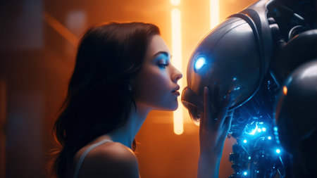 Side view of beautiful young woman looking at robot in futuristic dark roomの素材