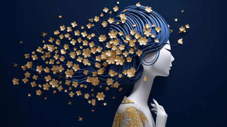 3d rendering of a female face with hair curlers and starsの素材