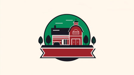 Country house logo with red ribbon. Vector illustration for your graphic design.の素材