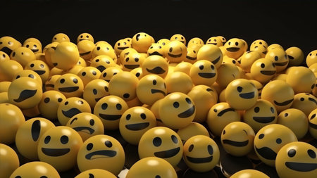 3d rendering of a group of yellow emoticons with different emotionsの素材