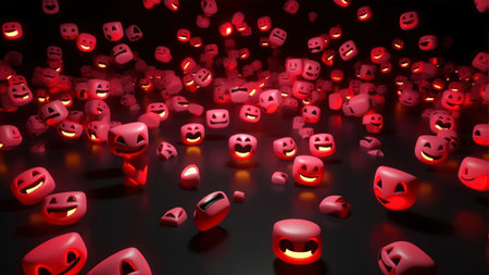 3d illustration of red cubes with smileys on black background.の素材