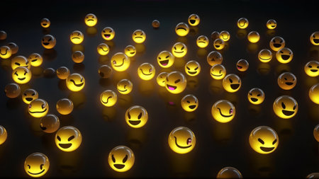 Yellow smiley emoticons on a black background. 3d renderingの素材