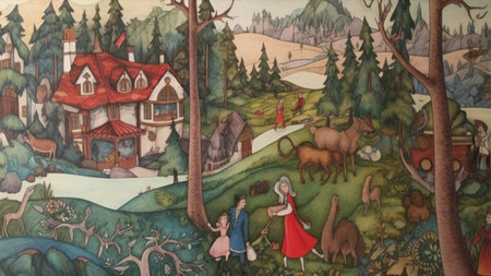 Painting on the wall of a village in the middle of the forestの素材