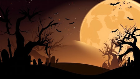 Halloween background with graveyard and full moon. vector illustration. Eps 10の素材