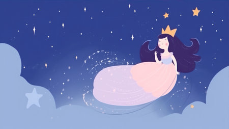 Cute little princess flying in the night sky. vector illustration.の素材