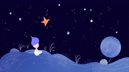 Night sky with moon and stars. Vector illustration, cartoon style.の素材