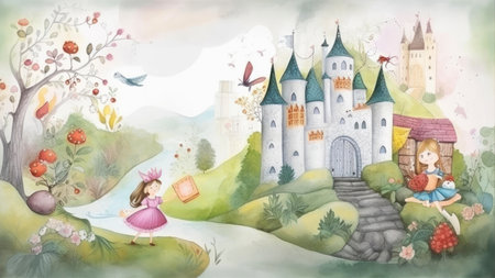 Watercolor illustration of a fairy tale princess on the background of the castleの素材