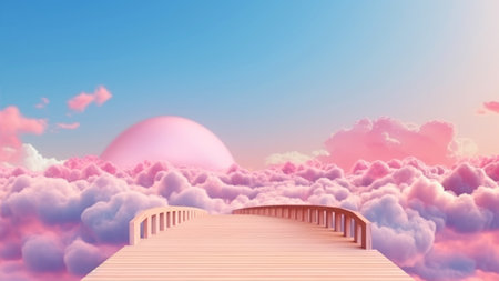 3D render of a wooden pier leading to the sky with cloudsの素材