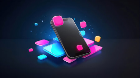 Smartphone with blank screen and colorful cubes on dark background. vector illustrationの素材