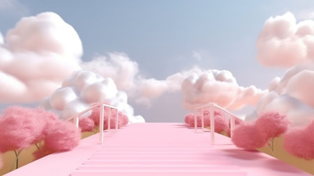 3d rendering of pink stairs leading to the sky with white cloudsの素材